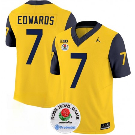 Men's Michigan Wolverines #7 Donovan Edwards 2023 F.U.S.E. Yellow/Navy Rose Bowl Patch Stitched Jersey