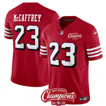 Men's San Francisco 49ers #23 Christian McCaffrey Red 2023 F.U.S.E. NFC West Champions Patch Alternate Stitched Football Jersey