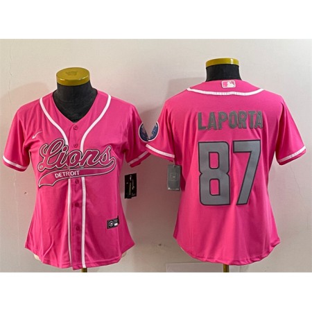 Women's Detroit Lions #87 Sam LaPorta Pink With Patch Cool Base Stitched Baseball Jersey(Run Small)