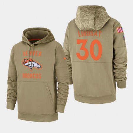 Men's Denver Broncos #30 Phillip Lindsay Tan 2019 Salute to Service Sideline Therma Pullover Hoodie