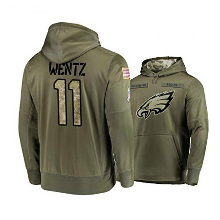 Men's Philadelphia Eagles #11 Carson Wentz 2019 Olive Salute To Service Sideline Therma Performance Pullover Hoodie