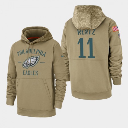 Men's Philadelphia Eagles #11 Carson Wentz Tan 2019 Salute to Service Sideline Therma Pullover Hoodie