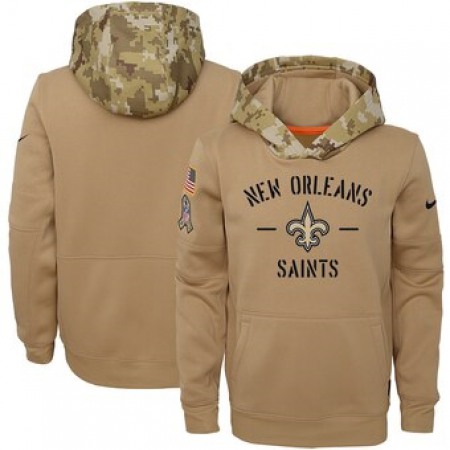 Youth New Orleans Saints Khaki 2019 Salute to Service Therma Pullover Hoodie
