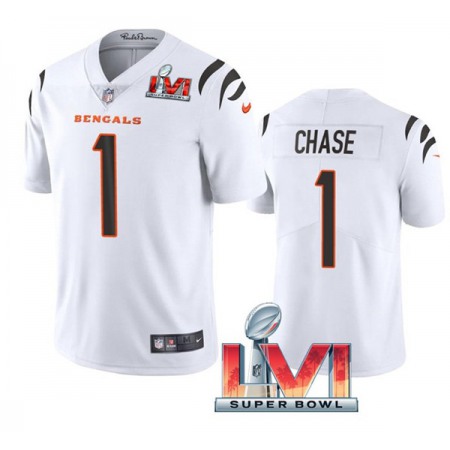 Women's Cincinnati Bengals #1 Ja'Marr Chase 2022 White Super Bowl LVI Vapor Limited Stitched Jersey(Run Small)