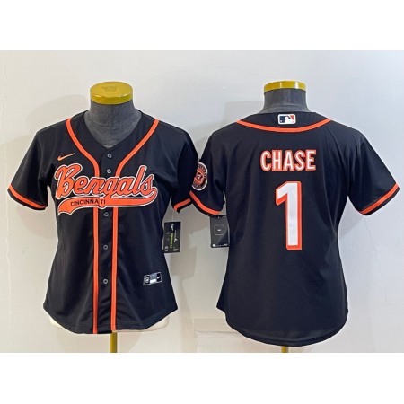 Women's Cincinnati Bengals #1 Ja'Marr Chase Black With Patch Cool Base Stitched Baseball Jersey(Run Small)