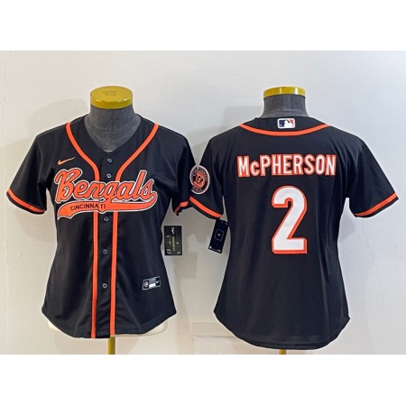 Women's Cincinnati Bengals #2 Evan McPherson Black With Patch Cool Base Stitched Baseball Jersey(Run Small)