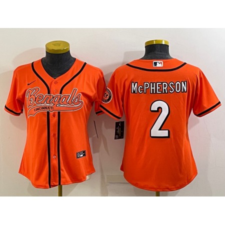 Women's Cincinnati Bengals #2 Evan McPherson Orange With Patch Cool Base Stitched Baseball Jersey(Run Small)