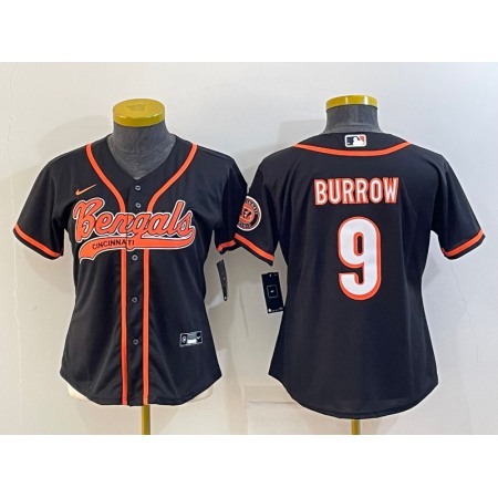 Women's Cincinnati Bengals #9 Joe Burrow Black With Patch Cool Base Stitched Baseball Jersey(Run Small)