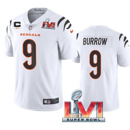 Women's Cincinnati Bengals #9 Joe Burrow 2022 White With C Patch Super Bowl LVI Vapor Limited Stitched Jersey(Run Small)