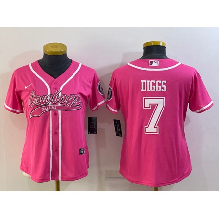 Women's Dallas Cowboys #7 Trevon Diggs Pink With Patch Cool Base Stitched Baseball Jersey(Run Small)