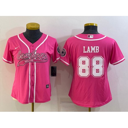 Women's Dallas Cowboys #88 CeeDee Lamb Pink With Patch Cool Base Stitched Baseball Jersey(Run Small)