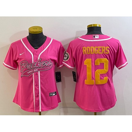 Women's Green Bay Packers #12 Aaron Rodgers Pink Gold With Patch Cool Base Stitched Baseball Jersey(Run Small)