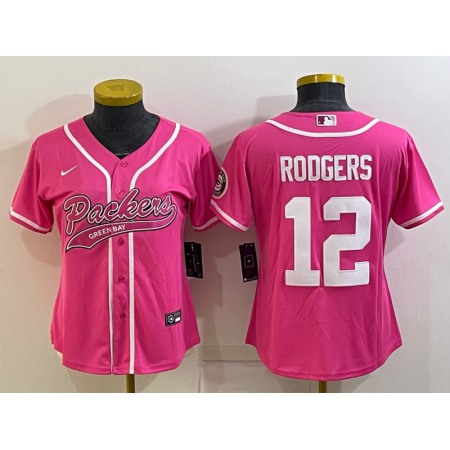 Women's Green Bay Packers #12 Aaron Rodgers Pink With Patch Cool Base Stitched Baseball Jersey(Run Small)