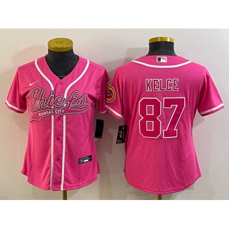 Women's Kansas City Chiefs #87 Travis Kelce Pink With Patch Cool Base Stitched Baseball Jersey(Run Small)