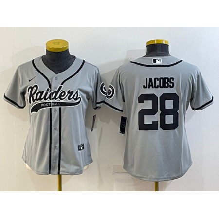 Women's Las Vegas Raiders #28 Josh Jacobs Grey With Patch Cool Base Stitched Baseball Jersey(Run Small)