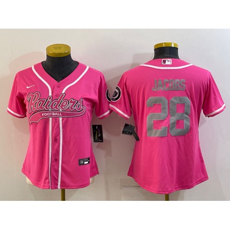 Women's Las Vegas Raiders #28 Josh Jacobs Pink Silver With Patch Cool Base Stitched Baseball Jersey(Run Small)