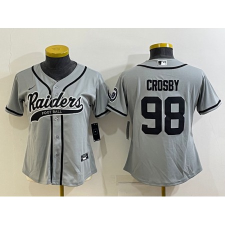Women's Las Vegas Raiders #98 Maxx Crosby Grey With Patch Cool Base Stitched Baseball Jersey(Run Small)