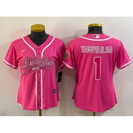 Women's Miami Dolphins #1 Tua Tagovailoa Pink With Patch Cool Base Stitched Baseball Jersey(Run Small)