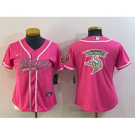 Women's Minnesota Vikings Pink Team Big Logo With Patch Cool Base Stitched Baseball Jersey(Run Small)