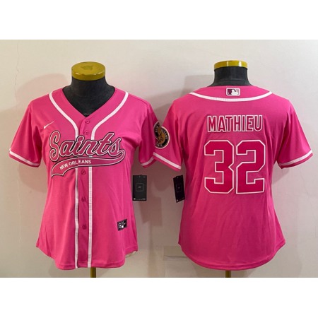 Women's New Orleans Saints #32 Tyrann Mathieu Pink With Patch Cool Base Stitched Baseball Jersey(Run Small)