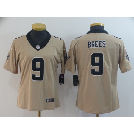 Women's New Orleans Saints #9 Drew Brees Gold Inverted Legend Stitched NFL Jersey(Run Small)