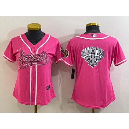 Women's New Orleans Saints Pink Team Big Logo With Patch Cool Base Stitched Baseball Jersey(Run Small)