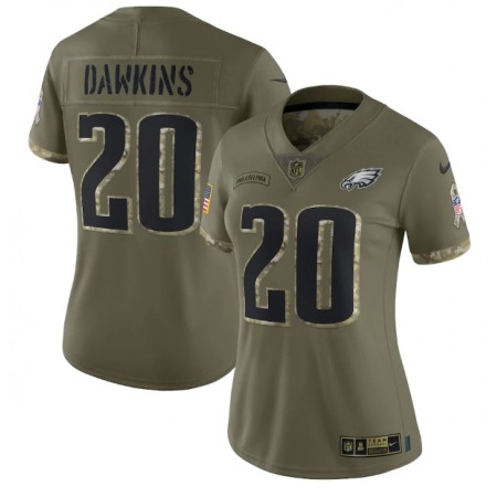 Women's Philadelphia Eagles #20 Brian Dawkins Olive 2022 Salute To Service Limited Stitched Jersey(Run Small)