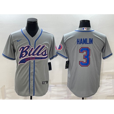 Men's Buffalo Bills #3 Damar Hamlin Gray With Patch Cool Base Stitched Baseball Jersey