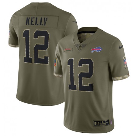 Men's Buffalo Bills #12 Jim Kelly Olive 2022 Salute To Service Limited Stitched Jersey