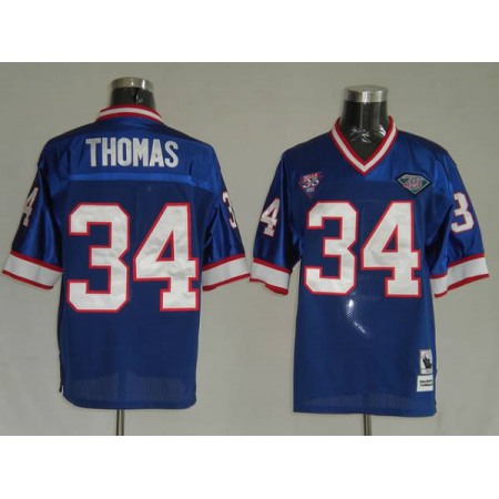 Mitchell & Ness Bills #34 Thurman Thomas Blue 35th Anniversary Patch Stitched Throwback NFL Jersey