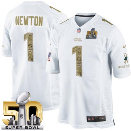 Nike Panthers #1 Cam Newton White Super Bowl 50 Men's Stitched NFL Limited Salute to Service Jersey