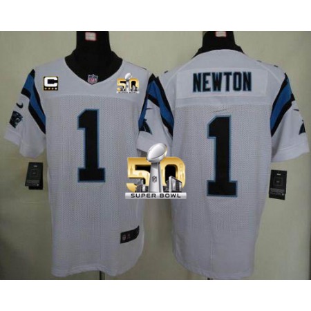 Nike Panthers #1 Cam Newton White With C Patch Super Bowl 50 Men's Stitched NFL Elite Jersey