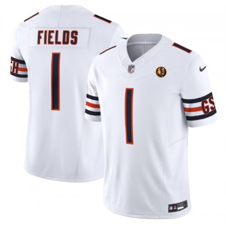 Men's Chicago Bears #1 Justin Fields White 2023 F.U.S.E. With John Madden Patch Vapor Limited Stitched Football Jersey