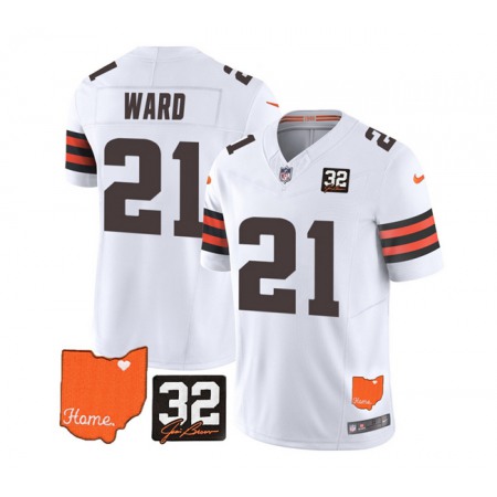 Men's Cleveland Browns #21 Denzel Ward White 2023 F.U.S.E. With Jim Brown Memorial Patch Vapor Untouchable Limited Stitched Jersey
