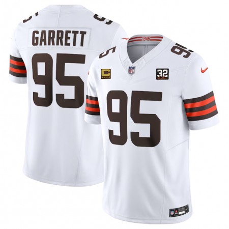 Men's Cleveland Browns #95 Myles Garrett White 2023 F.U.S.E. With 4-Star C Patch And Jim Brown Memorial Patch Vapor Untouchable Limited Stitched Jersey