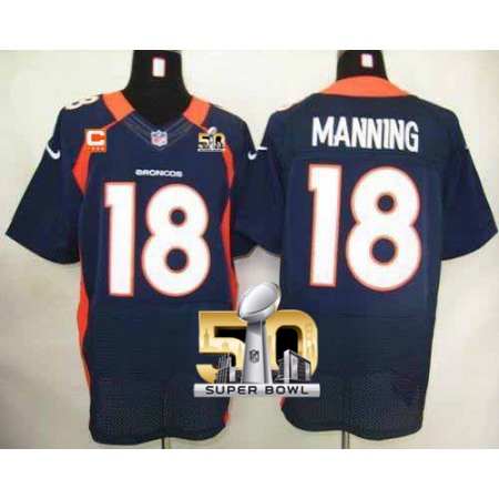 Nike Broncos #18 Peyton Manning Navy Blue With C Patch Super Bowl 50 Men's Stitched NFL Elite Jersey