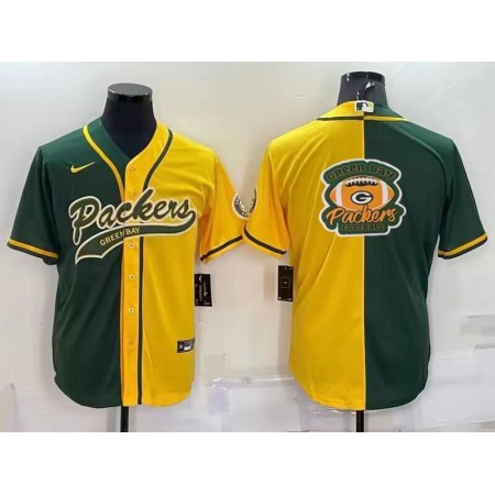 Men's Green Bay Packers Blank Green/Yellow Split Team Big Logo With Patch Cool Base Stitched Baseball Jersey