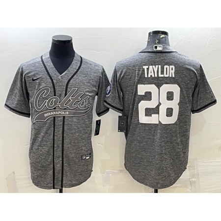 Men's Indianapolis Colts #28 Jonathan Taylor Grey With Patch Cool Base Stitched Baseball Jersey