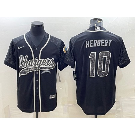 Men's Los Angeles Chargers #10 Justin Herbert Black Reflective With Patch Cool Base Stitched Baseball Jersey