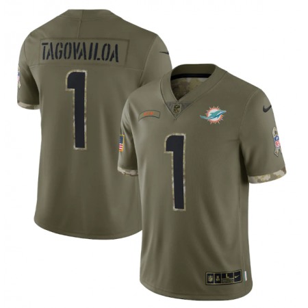 Men's Miami Dolphins #1 Tua Tagovailoa Olive 2022 Salute To Service Limited Stitched Jersey