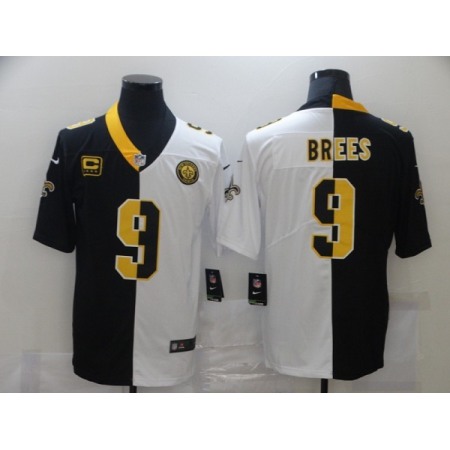 Men's New Orleans Saints #9 Drew Brees Black White Split With C Patch Stitched Jersey