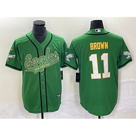 Men's Philadelphia Eagles #11 A. J. Brown Green Gold Cool Base Stitched Baseball Jersey