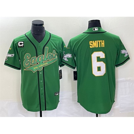 Men's Philadelphia Eagles #6 DeVonta Smith Green Gold With 3-star C Patch Cool Base Stitched Baseball Jersey