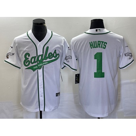 Men's Philadelphia Eagles #1 Jalen Hurts White Cool Base Stitched Baseball Jersey