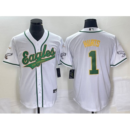 Men's Philadelphia Eagles #1 Jalen Hurts White Gold Cool Base Stitched Baseball Jersey