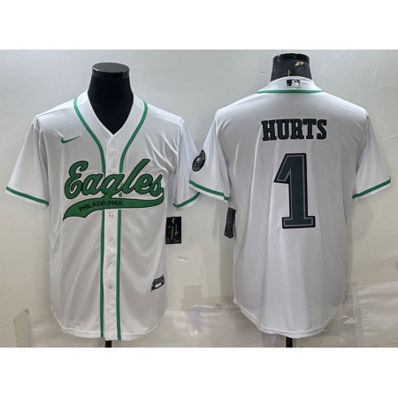 Men's Philadelphia Eagles #1 Jalen Hurts White With Patch Cool Base Stitched Baseball Jersey