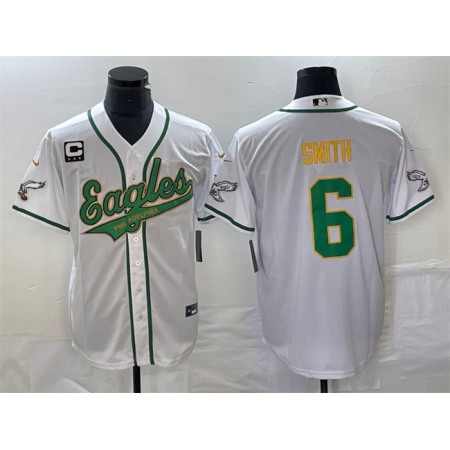 Men's Philadelphia Eagles #6 DeVonta Smith White Gold With 3-star C Patch Cool Base Stitched Baseball Jersey