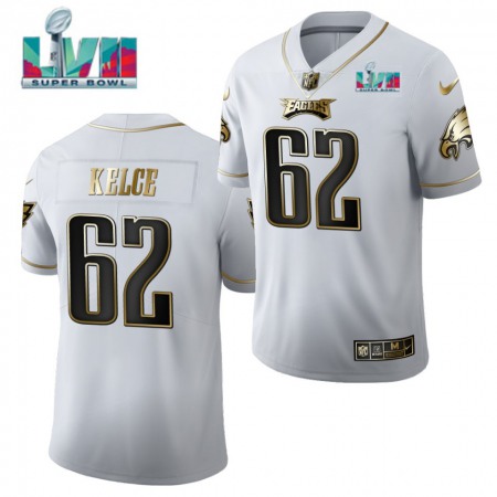 Men's Philadelphia Eagles #62 Jason Kelce White Golden Super Bowl LVII Patch Limited Stitched Jersey