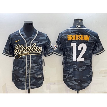 Men's Pittsburgh Steelers #12 Terry Bradshaw Grey/Navy Camo With Patch Cool Base Stitched Baseball Jersey