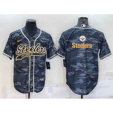 Men's Pittsburgh Steelers Blank Grey/Navy Camo Team Big Logo With Patch Cool Base Stitched Baseball Jersey